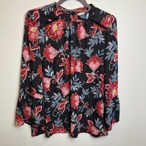 LOFT Black & Multicolor Floral Boho Flowy Blouse w/ Bell Sleeves - Sz M